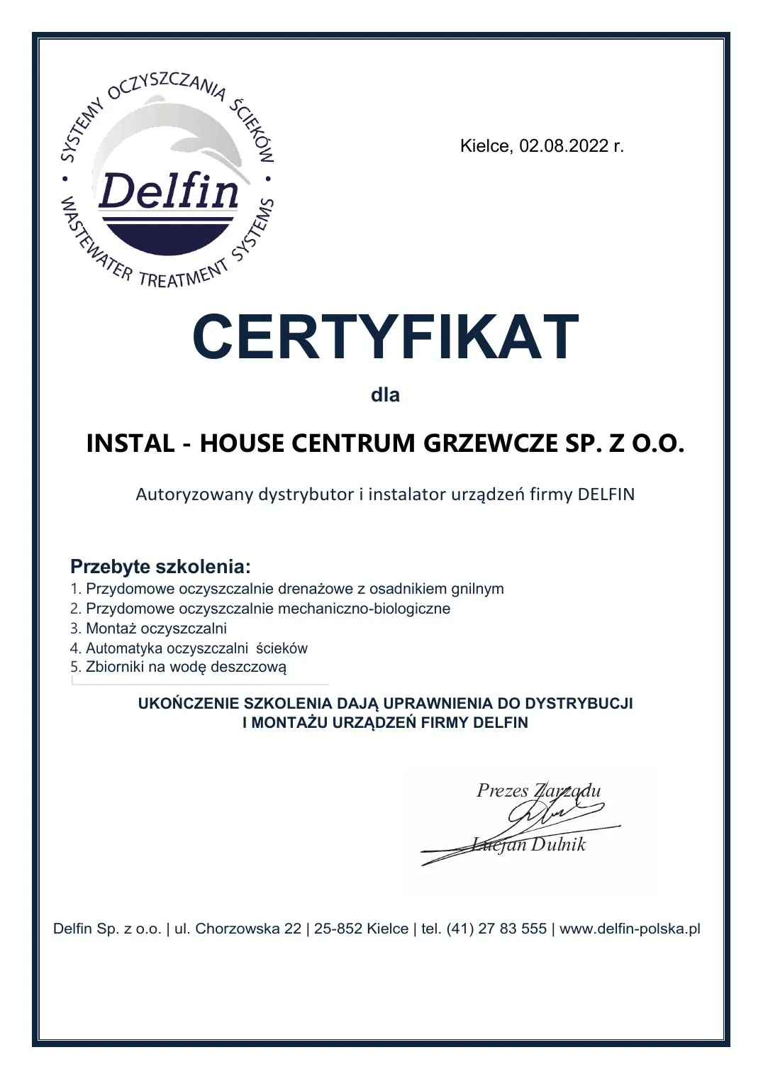 Certyfikat DELFIN dla Instal-House z 2 sierpnia 2022 roku