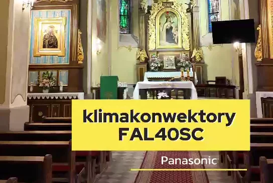 Wnętrze kościoła z ołtarzem, przy bocznej ścianie widoczny klimakonwektor