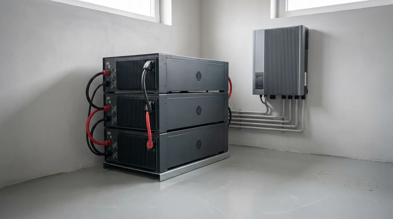 Modułowy magazyn energii i falownik hybrydowy w pomieszczeniu technicznym