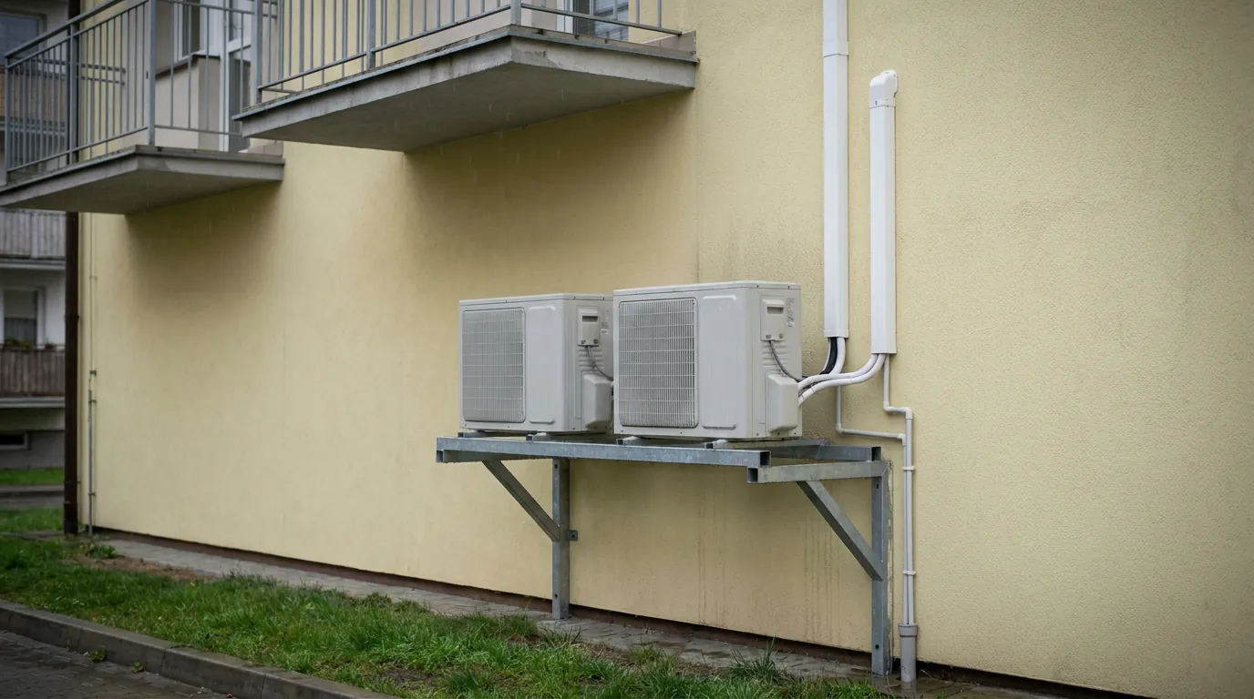 Jednostki zewnętrzne klimatyzacji na stelażu przy elewacji budynku wielorodzinnego