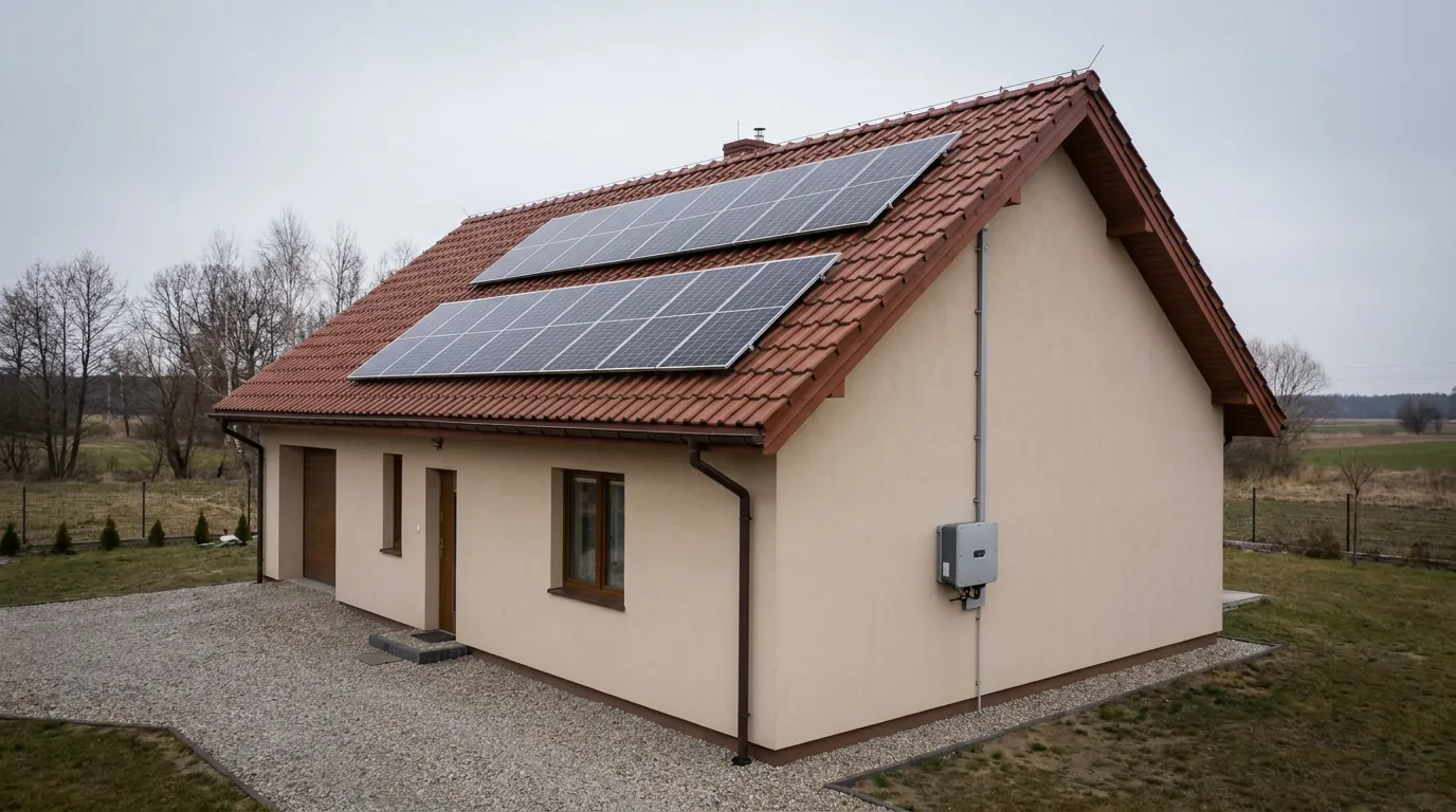 Panele fotowoltaiczne na dachu ceramicznym i falownik na ścianie budynku