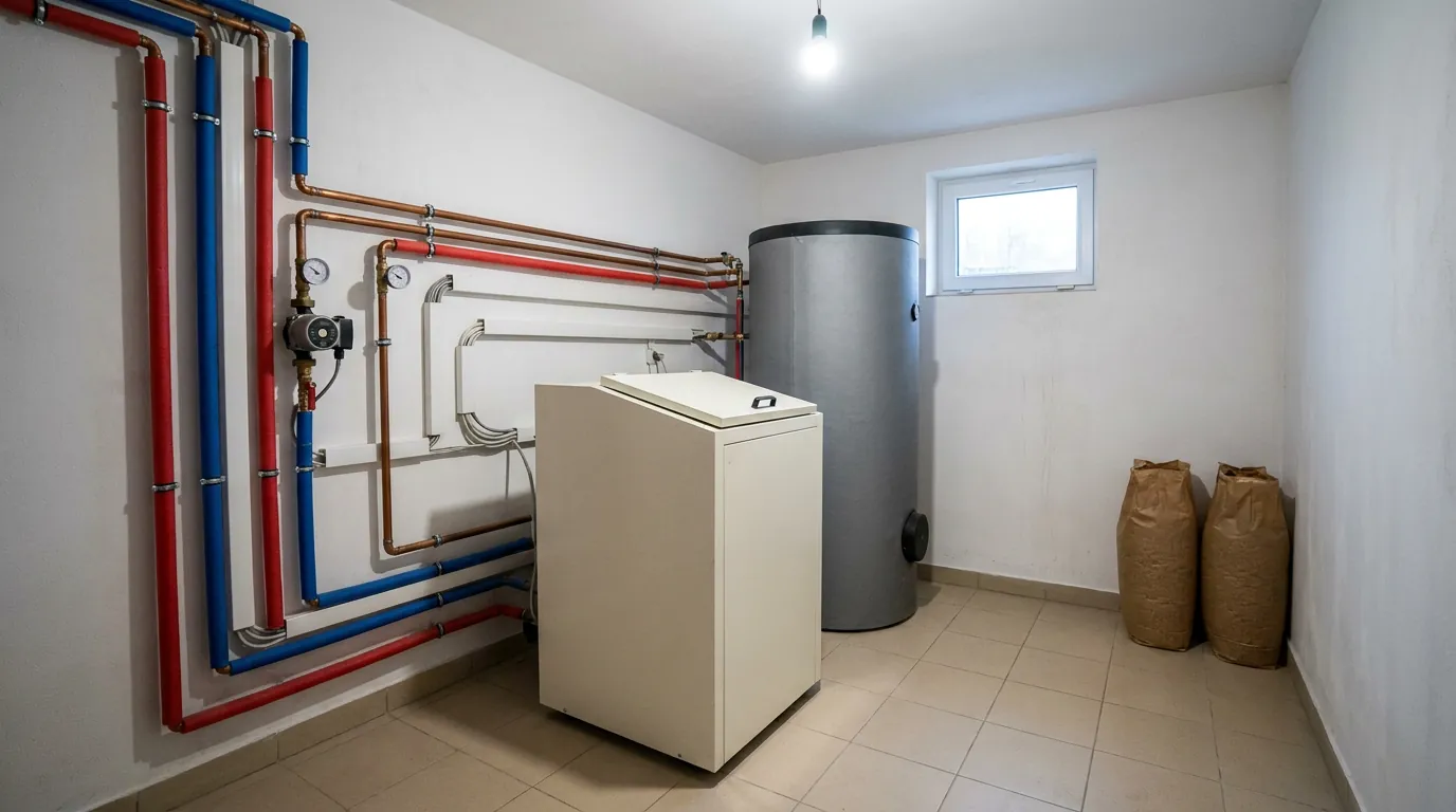 Kocioł na pellet i zasobnik buforowy w kotłowni domu jednorodzinnego